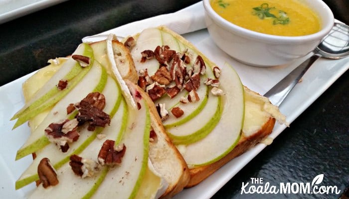 Open-faced brie sandwich with butternut squash soup at Muddy Waters Cafe in Harrison Hot Springs