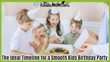 The Ideal Timeline for a Smooth Kids Birthday Party. Photo of four happy kids with white birthday hats on their heads looking at a cake in a box by Thirdman via Pexels.